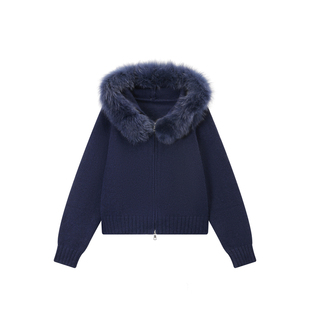 熙薇sivi狐狸毛领毛衣外套女秋冬季加厚高级感小个子连帽针织开衫