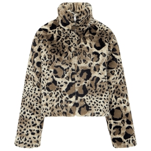 马天奴女秋冬新款拼色豹纹立领拉链毛绒外套短款廓形保暖时尚流行