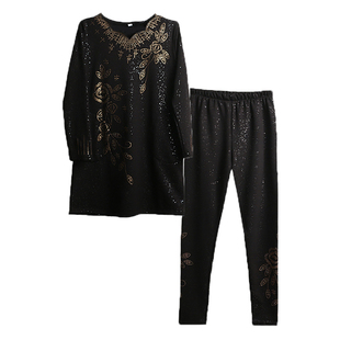 中老年妈妈套装女2025秋冬加绒烫钻弹力中长款连衣裙打底裤两件套