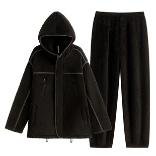 悦内情侣睡衣女秋冬季珊瑚绒加厚加绒保暖家居服男款休闲可外穿黑