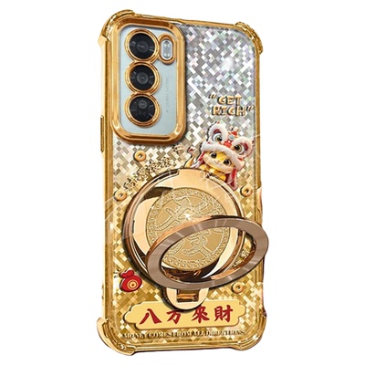 马年八方来财适用OPPOReno12手机壳新款金色电镀四角防摔Reno13/10壳防摔气囊發字旋转解压陀螺支架保护套女