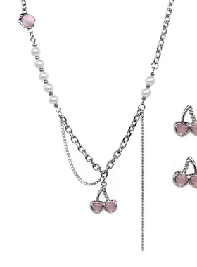 女甜美粉色猫眼樱桃耳环项链