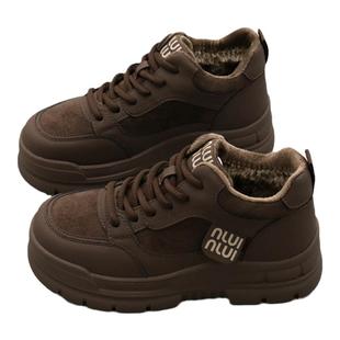 加绒高帮鞋女板鞋2025年冬季韩版圆头真皮松糕厚底休闲高邦棉鞋子