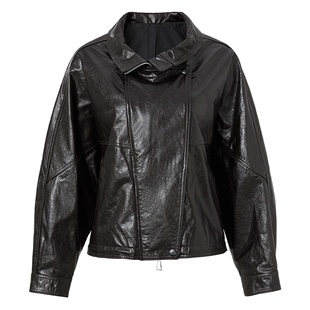 官方正品马天奴春秋新款咖啡色翻领短款牛皮衣外套短款机车风流行