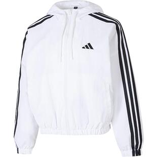 滔搏adidas阿迪达斯女子三条纹梭织运动服宽松连帽夹克外套JZ2161