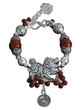 足银南红玛瑙圆珠醒狮踩球长命锁手链女小众设计复古国风新中式