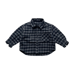 男童衬衫2024新款秋装儿童港风黑白格子衬衣男孩翻领洋气长袖外套