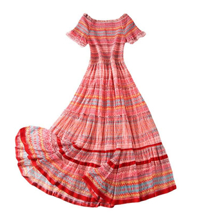 波西米亚一字肩连衣裙女夏季新款法式雪纺印花收腰度假风露肩长裙