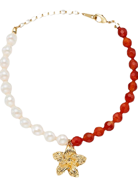 折扣款RoundFace 夏日系列 红玛瑙天然珍珠花朵手链高级感小众