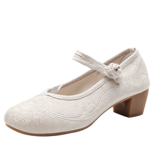 复古中跟配旗袍的鞋女古风汉服鞋子中国风茶服鞋绣花鞋老北京布鞋