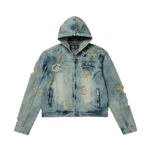 Thug Club 24ss 连帽牛仔夹克水洗破坏金属logo外套韩国小众