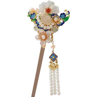 青雀记原创明制簪子马面裙烧蓝景泰蓝汉服旗袍配饰流苏满庭芳发簪