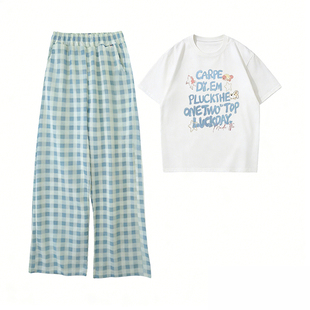 蓝色格子休闲裤子套装夏女2026新款可盐可甜上衣短袖t恤宽松两件t