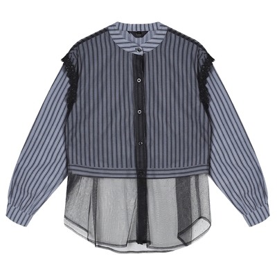 白鹿语韩系通勤网纱拼接条纹衬衫