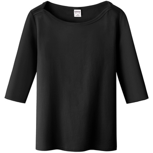 黑色露锁骨一字肩上衣女螺纹夏季修身基础款中袖七分袖t恤打底衫