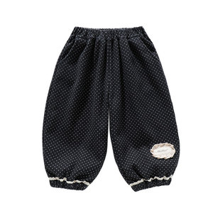 女童冬季新款洋气宝宝收口灯笼裤加绒棉布裤圆点裤子收口花边长裤