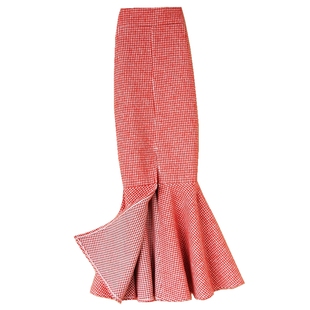 千鸟格包裙女小香风红色格子半身裙包臀鱼尾大码毛呢一步长裙秋冬