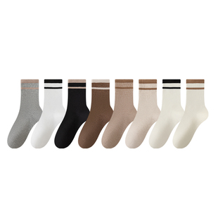 秋冬纯棉条纹中筒袜子女透气吸汗抑菌日系美拉德春季防臭无骨长袜