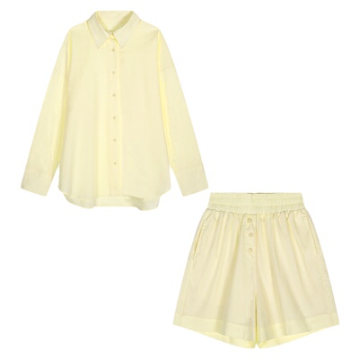 落落狷介套装裤女长袖衬衫+短裤