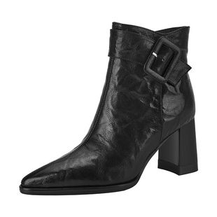 星期六羊皮靴子黑色尖头粗跟短靴女秋冬通勤气质高级高跟鞋马丁靴