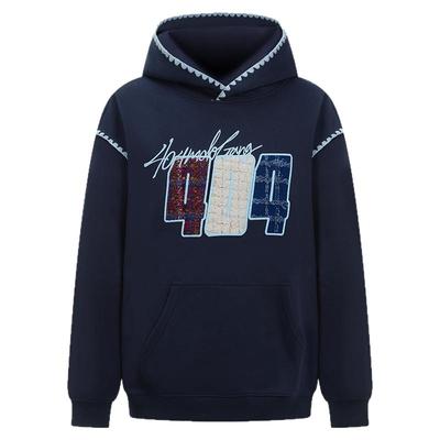 404MOB编织感贴布重工刺绣连帽卫衣男女潮牌宽松休闲复古长袖帽衫