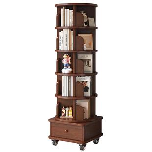 全实木旋转书架落地置物架带轮可移动窄柜学生家用墙角书柜储物柜