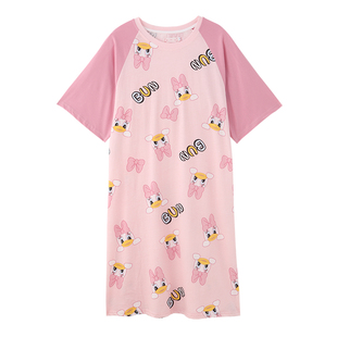 纯棉睡裙女夏季可爱唐老鸭睡衣女短袖中长款卡通大码胖mm家居服