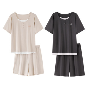夏天短袖情侣家居服女款男短衣短裤套装假两件纯棉睡衣套装可外穿