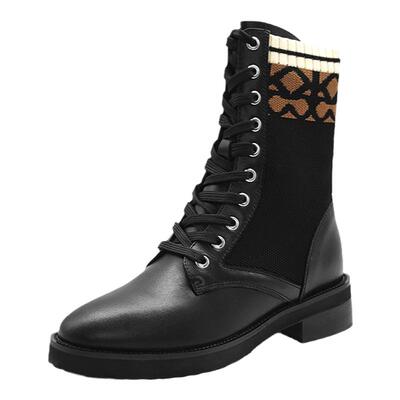 接吻猫复古老花粗跟牛皮袜靴女