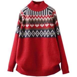 秋冬大码200斤半高领毛衣宽松外穿洋气打底衫内搭针织衫提花上衣