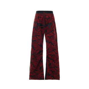 MOGONGSHE*美式红迷彩双腰拼色阔腿裤棉质垂坠感宽松显瘦牛仔长裤