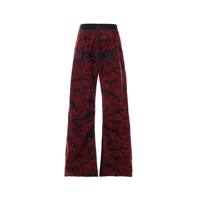 美式红迷彩双腰拼色阔腿牛仔裤