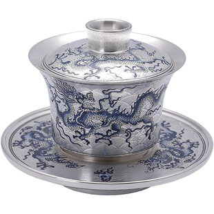 高档鎏银龙纹单个三才盖碗茶杯陶瓷包银功夫茶具茶碗茶杯礼盒装