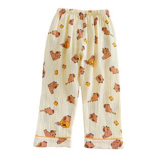 日系卡皮巴拉儿童纯棉纱布睡裤春秋男童家居裤夏季薄款全棉防蚊裤