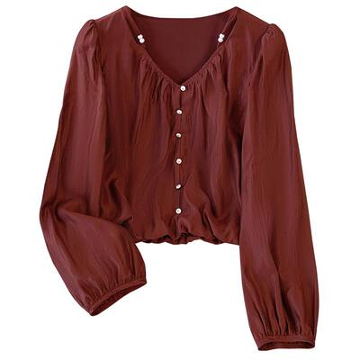 法式V领天丝雪纺长袖衬衫女2025春秋季新款独特漂亮小衫短款上衣