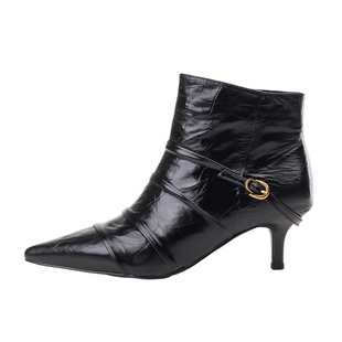 嘉俪多女鞋韩版短靴牛皮细中跟秋冬皮里侧拉链尖头2025新款时尚