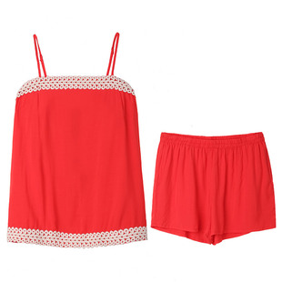 棉绸睡衣女士夏天无袖吊带短裤套装人造棉韩版红色性感绵绸家居服