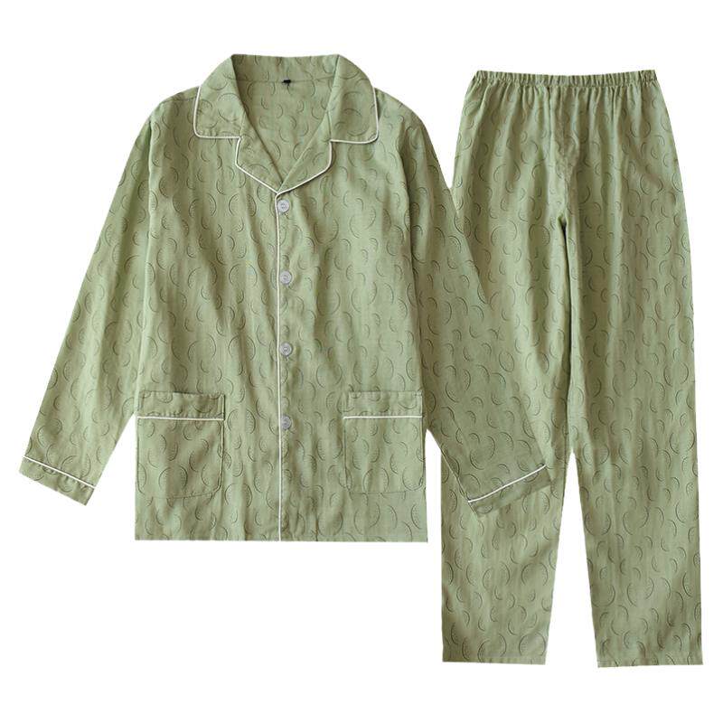 睡衣男春秋纯棉双层纱布长袖长裤薄款日系简约休闲大码家居服套装