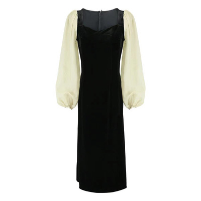 法式小香甜美黑金丝绒收腰连衣裙