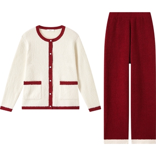 曼妮芬25年新款秋冬女士红色睡衣本命年长袖长裤套装雪尼尔家居服