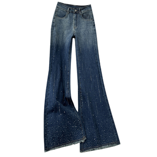 拉夏贝尔烫钻毛边微喇牛仔裤女春秋冬新款高腰弹力加绒阔腿喇叭裤