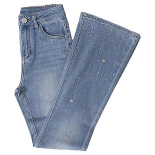 浅蓝色镶钻微喇牛仔裤女春季新款2026高腰喇叭马蹄裤子