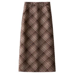 复古毛呢格子半身裙女秋冬2025新款高腰显瘦开叉直筒裙包臀长裙子