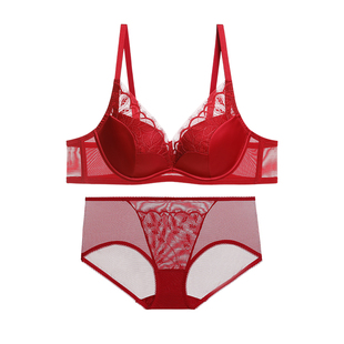爱慕森语25秋冬本命年马年红内衣女软钢圈薄小胸聚拢文胸内裤套装