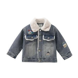 MOMOCO/玛米玛卡男童加绒牛仔外套2025冬季新款中大童可爱加厚潮