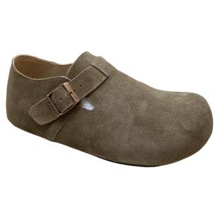 真皮勃肯鞋2026新款春秋女全包牛皮一脚蹬内增高3cm平底复古单鞋