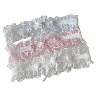 roji手工日系甜美弹力腿环袜带lolita少女软妹白色蝴蝶结蕾丝袜圈