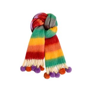 多巴胺彩虹条纹马海毛围巾女冬季软糯保暖真兔毛毛球长款披肩围脖