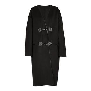 Ryanj90%羊毛大衣牛角扣大衣长款羊绒羊毛双面绒大衣女无领大衣黑