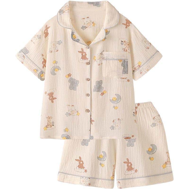 100%纯棉双层纱布睡衣女带胸睡衣/家居服套装